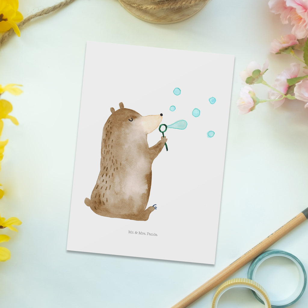 Postkarte Bär Seifenblasen Geschenkkarte, Grußkarte, Karte, Einladung, Ansichtskarte, Geburtstagskarte, Einladungskarte, Bär, Teddy, Teddybär, Seifenblasen Bär Lustig Sein Glücklich Traurig Happy