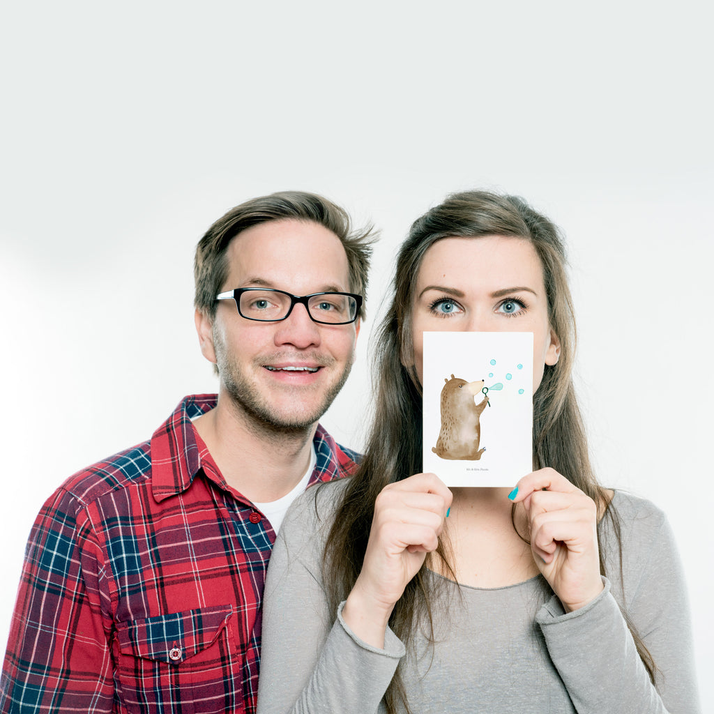 Postkarte Bär Seifenblasen Geschenkkarte, Grußkarte, Karte, Einladung, Ansichtskarte, Geburtstagskarte, Einladungskarte, Bär, Teddy, Teddybär, Seifenblasen Bär Lustig Sein Glücklich Traurig Happy