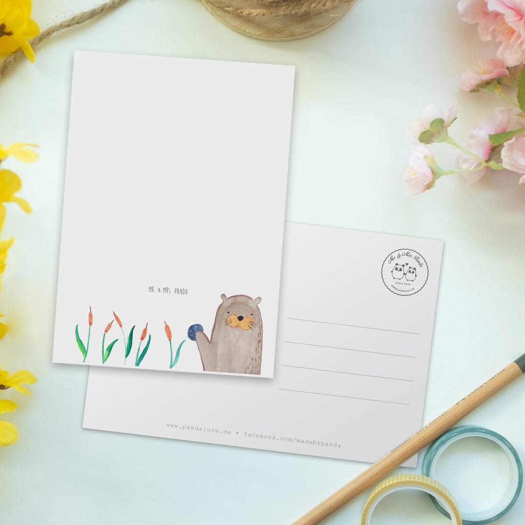 Postkarte Otter mit Stein Geschenkkarte, Grußkarte, Karte, Einladung, Ansichtskarte, Geburtstagskarte, Einladungskarte, Dankeskarte, Otter, Fischotter, Seeotter, Otter Seeotter See Otter