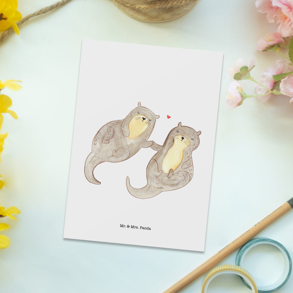 Postkarte Otter händchenhaltend Geschenkkarte, Grußkarte, Karte, Einladung, Ansichtskarte, Geburtstagskarte, Einladungskarte, Dankeskarte, Otter, Fischotter, Seeotter, Otter Seeotter See Otter