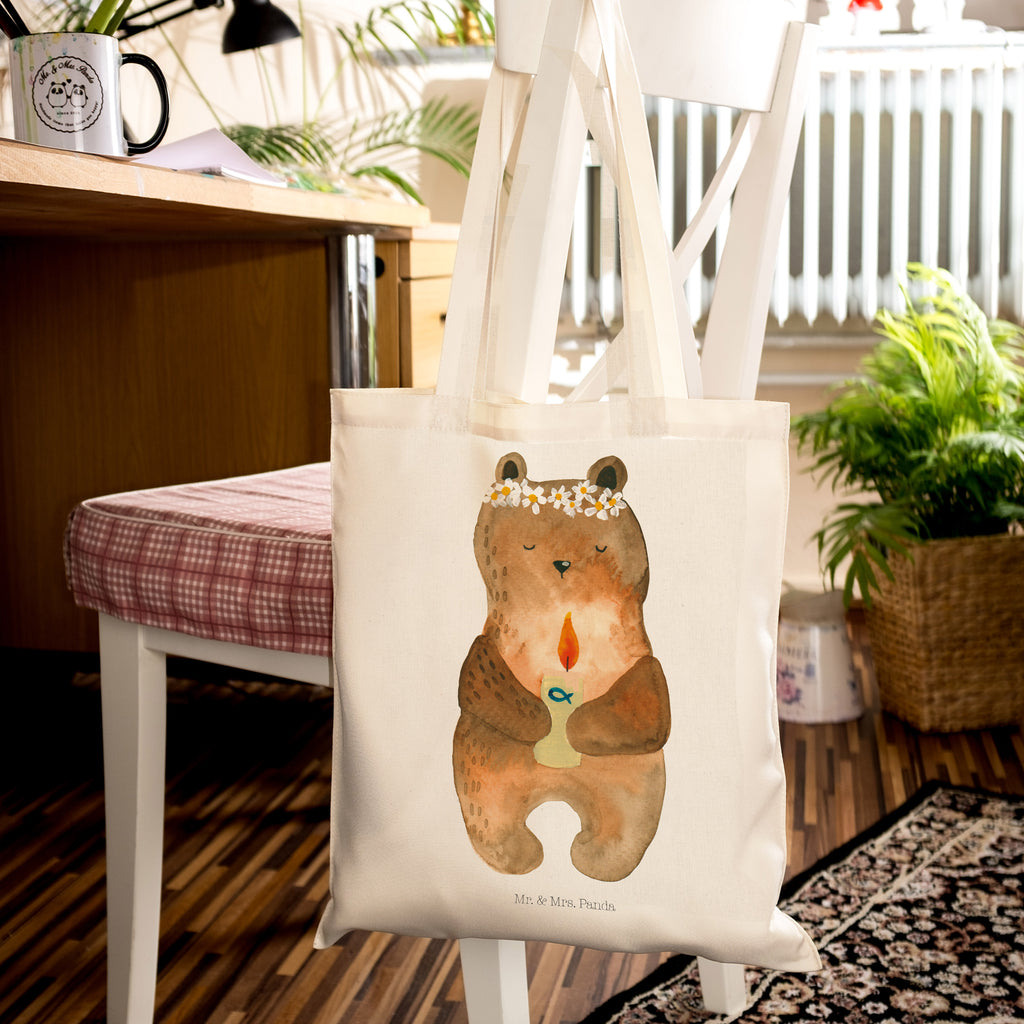 Tragetasche Kommunion-Bär Beuteltasche, Beutel, Einkaufstasche, Jutebeutel, Stoffbeutel, Bär, Teddy, Teddybär, Kommunion, Gottes Segen, Taufkerze, katholisch