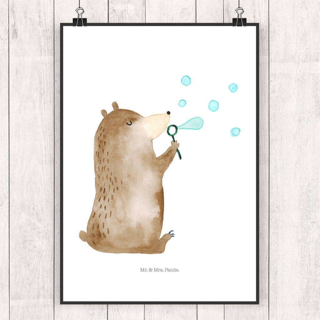 Poster Bär Seifenblasen Poster, Wandposter, Bild, Wanddeko, Küchenposter, Kinderposter, Wanddeko Bild, Raumdekoration, Wanddekoration, Handgemaltes Poster, Mr. & Mrs. Panda Poster, Designposter, Kunstdruck, Posterdruck, Bär, Teddy, Teddybär, Seifenblasen Bär Lustig Sein Glücklich Traurig Happy
