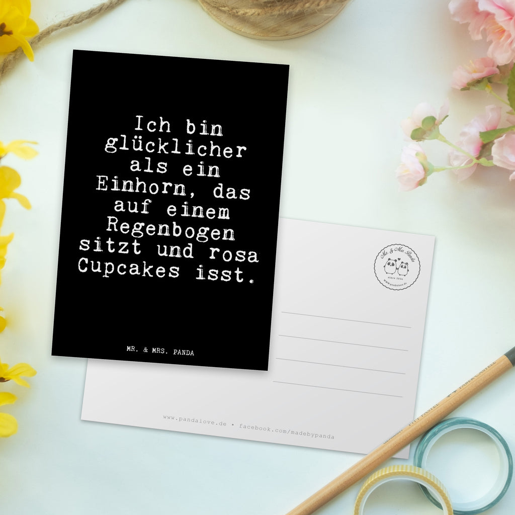 Postkarte Fun Talk Ich bin glücklicher als ein Einhorn, das auf einem Regenbogen sitzt und rosa Cupcakes isst. Geschenkkarte, Grußkarte, Karte, Einladung, Ansichtskarte, Geburtstagskarte, Einladungskarte, Dankeskarte, Spruch, Sprüche, lustig, Weisheiten, Zitate, Glizer Spruch Sprüche Weisheiten Zitate Lustig Weisheit Worte
