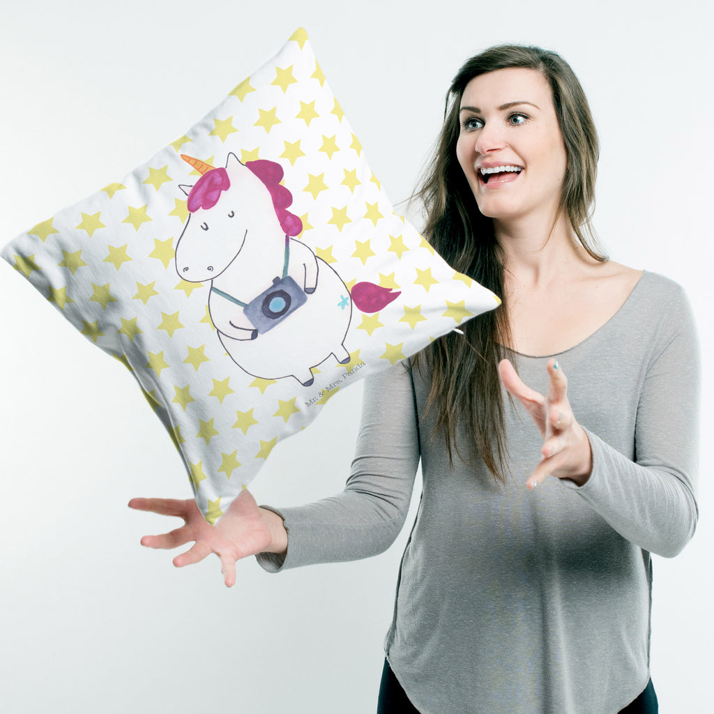 40x40 Kissen Einhorn Fotograf Kissenhülle, Kopfkissen, Sofakissen, Dekokissen, Motivkissen, Einhorn, Einhörner, Einhorn Deko, Pegasus, Unicorn, Fotograf, Fotografie, Kamera, Reisen, Weltreise, Weltenbummler, Urlaub, Tourist, Kurztrip, Reise, Städtereise