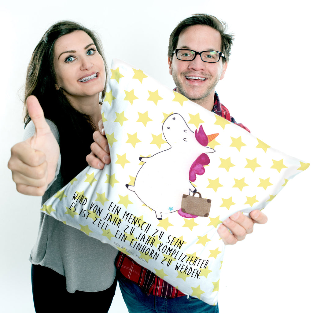 40x40 Kissen Einhorn Koffer Kissenhülle, Kopfkissen, Sofakissen, Dekokissen, Motivkissen, Einhorn, Einhörner, Einhorn Deko, Pegasus, Unicorn, unicorn, Koffer, Verreisen, Reise, Gepäck, Abenteuer, Erwachsen, Kind, albern, Spaß, lustig, witzig