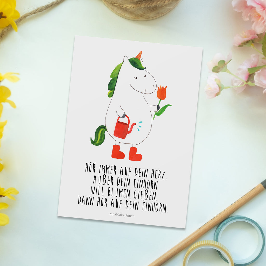 Postkarte Einhorn Gärtner Geschenkkarte, Grußkarte, Karte, Einladung, Ansichtskarte, Geburtstagskarte, Einladungskarte, Dankeskarte, Einhorn, Einhörner, Einhorn Deko, Pegasus, Unicorn, Luftballon, Gießkanne, Giesskanne, Lebenslust, Freude, Blume, Freundin, Garten, Stiefel