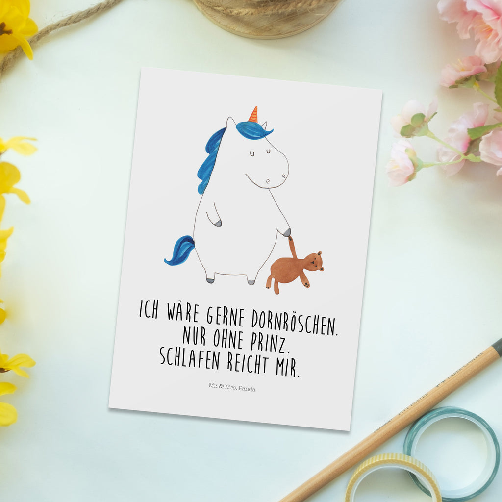 Postkarte Einhorn Teddy Geschenkkarte, Grußkarte, Karte, Einladung, Ansichtskarte, Geburtstagskarte, Einladungskarte, Einhorn, Einhörner, Einhorn Deko, Pegasus, Unicorn, schlafen, gute Nacht, Single, Bett, Träumen, Freundin, Singleleben