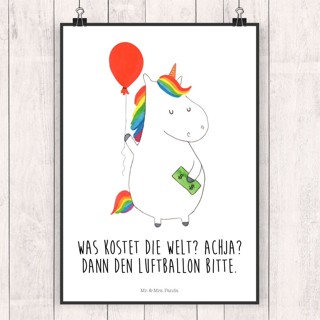 Poster Einhorn Luftballon Einhorn, Einhörner, Unicorn, Luftballon, Geld, Lebenslust, Freude, Geschenk, Freundin	 Poster, Wandposter, Bild, Wanddeko, Küchenposter, Kinderposter, Wanddeko Bild, Raumdekoration, Wanddekoration, Handgemaltes Poster, Mr. & Mrs. Panda Poster, Designposter, Kunstdruck, Posterdruck  Einhorn, Einhörner, Einhorn Deko, Pegasus, Unicorn