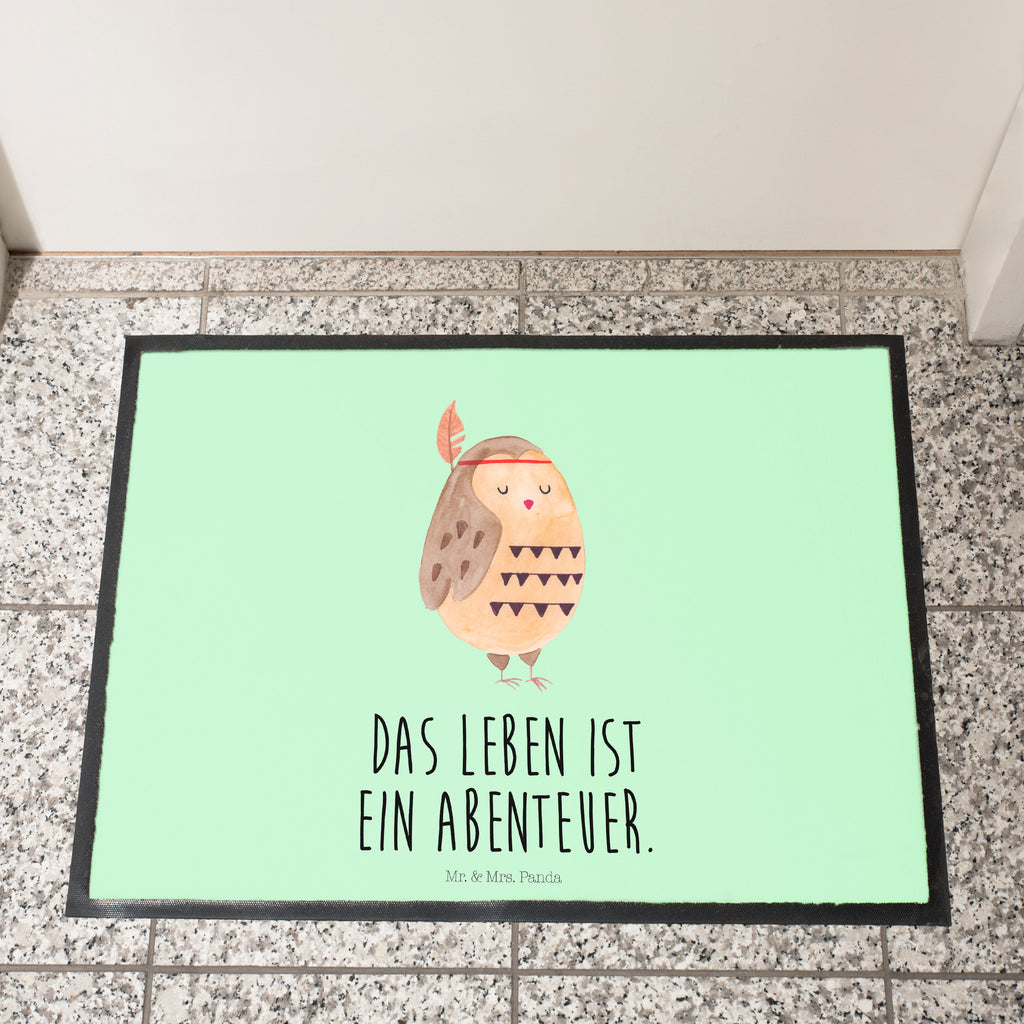Fußmatte Eule Federschmuck Eule, Eule Deko, Owl, Das Leben ist ein Abenteuer, Reisespruch, Federschmuck, Dekoration  Türvorleger, Schmutzmatte, Fußabtreter, Matte, Schmutzfänger, Fußabstreifer, Schmutzfangmatte, Türmatte, Motivfußmatte,  Haustürmatte, Vorleger  Eule