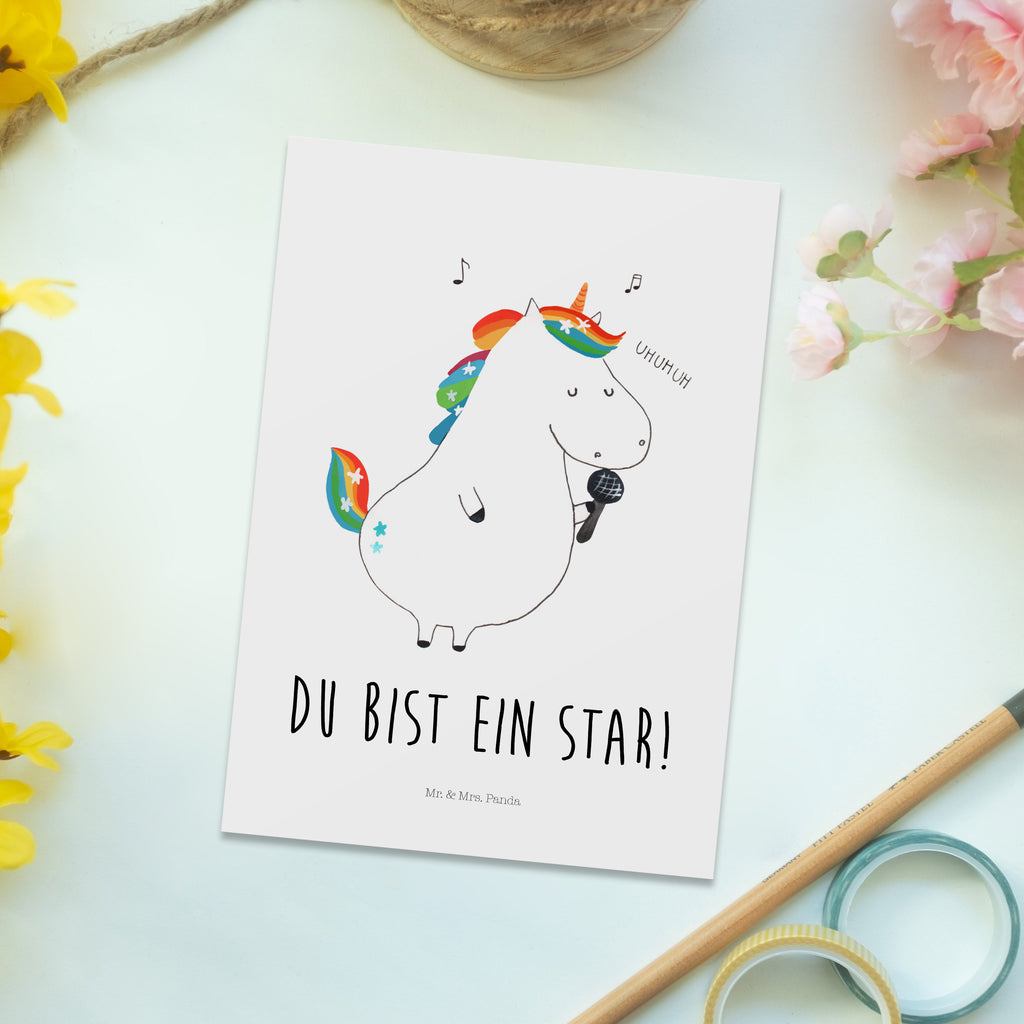 Postkarte Einhorn Sänger Geschenkkarte, Grußkarte, Karte, Einladung, Ansichtskarte, Geburtstagskarte, Einladungskarte, Dankeskarte, Einhorn, Einhörner, Einhorn Deko, Pegasus, Unicorn, Glitzer, Konfetti, Party, Geburtstag, Feier, Fest, Disco, Sängerin, Sänger, Freundin