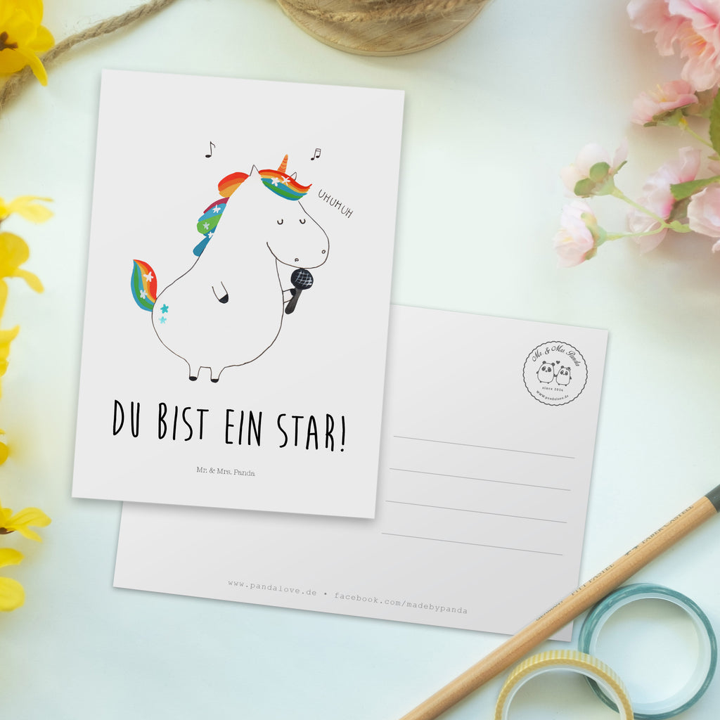 Postkarte Einhorn Sänger Geschenkkarte, Grußkarte, Karte, Einladung, Ansichtskarte, Geburtstagskarte, Einladungskarte, Dankeskarte, Einhorn, Einhörner, Einhorn Deko, Pegasus, Unicorn, Glitzer, Konfetti, Party, Geburtstag, Feier, Fest, Disco, Sängerin, Sänger, Freundin