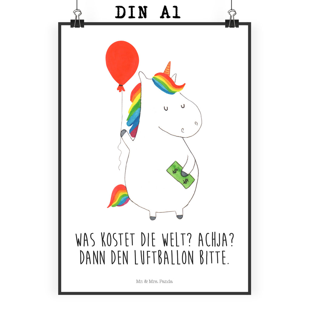 Poster Einhorn Luftballon Einhorn, Einhörner, Unicorn, Luftballon, Geld, Lebenslust, Freude, Geschenk, Freundin	 Poster, Wandposter, Bild, Wanddeko, Küchenposter, Kinderposter, Wanddeko Bild, Raumdekoration, Wanddekoration, Handgemaltes Poster, Mr. & Mrs. Panda Poster, Designposter, Kunstdruck, Posterdruck  Einhorn, Einhörner, Einhorn Deko, Pegasus, Unicorn