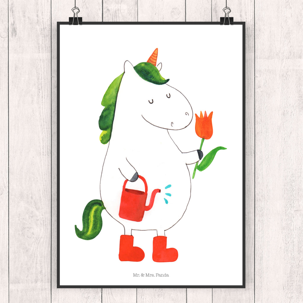 Poster Einhorn Gärtner Poster, Wandposter, Bild, Wanddeko, Küchenposter, Kinderposter, Wanddeko Bild, Raumdekoration, Wanddekoration, Handgemaltes Poster, Mr. & Mrs. Panda Poster, Designposter, Kunstdruck, Posterdruck, Einhorn, Einhörner, Einhorn Deko, Pegasus, Unicorn, Luftballon, Gießkanne, Giesskanne, Lebenslust, Freude, Blume, Freundin, Garten, Stiefel