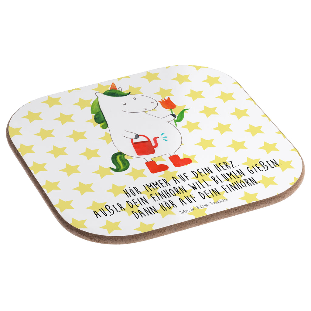 Quadratische Untersetzer Einhorn Gärtner Bierdeckel, Glasuntersetzer, Untersetzer Gläser, Getränkeuntersetzer, Einhorn, Einhörner, Einhorn Deko, Pegasus, Unicorn, Luftballon, Gießkanne, Giesskanne, Lebenslust, Freude, Blume, Freundin, Garten, Stiefel