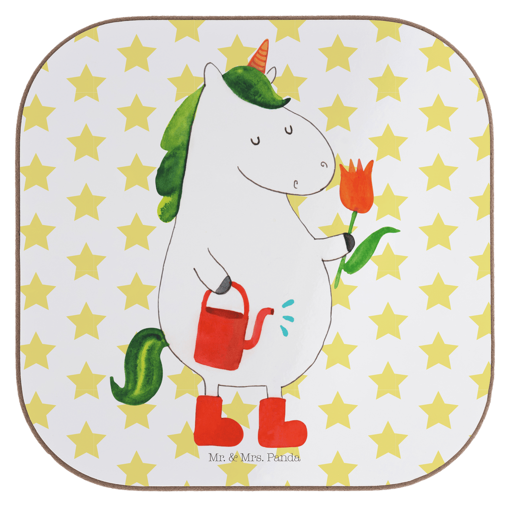 Quadratische Untersetzer Einhorn Gärtner Bierdeckel, Glasuntersetzer, Untersetzer Gläser, Getränkeuntersetzer, Einhorn, Einhörner, Einhorn Deko, Pegasus, Unicorn, Luftballon, Gießkanne, Giesskanne, Lebenslust, Freude, Blume, Freundin, Garten, Stiefel