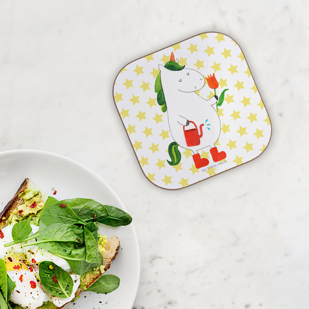 Quadratische Untersetzer Einhorn Gärtner Bierdeckel, Glasuntersetzer, Untersetzer Gläser, Getränkeuntersetzer, Einhorn, Einhörner, Einhorn Deko, Pegasus, Unicorn, Luftballon, Gießkanne, Giesskanne, Lebenslust, Freude, Blume, Freundin, Garten, Stiefel