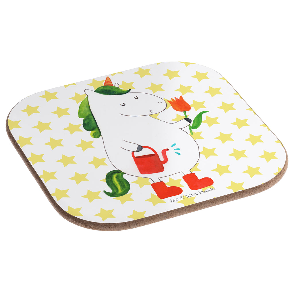 Quadratische Untersetzer Einhorn Gärtner Bierdeckel, Glasuntersetzer, Untersetzer Gläser, Getränkeuntersetzer, Einhorn, Einhörner, Einhorn Deko, Pegasus, Unicorn, Luftballon, Gießkanne, Giesskanne, Lebenslust, Freude, Blume, Freundin, Garten, Stiefel