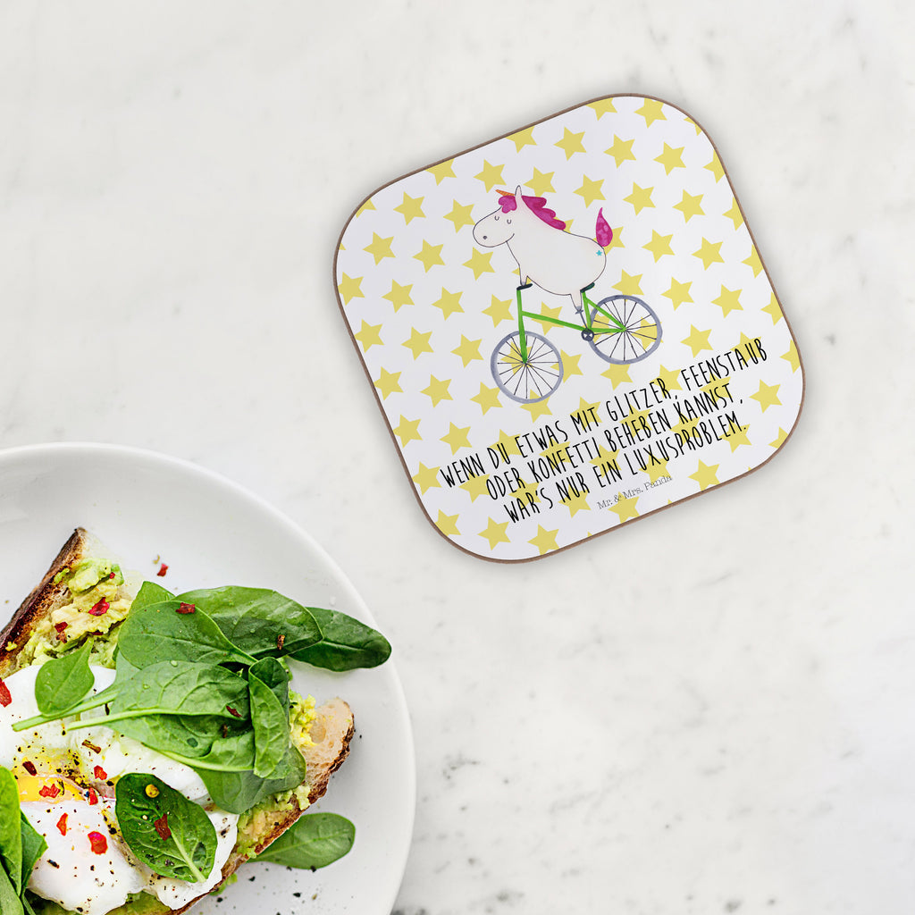 Quadratische Untersetzer Einhorn Radfahrer Bierdeckel, Glasuntersetzer, Untersetzer Gläser, Getränkeuntersetzer, Einhorn, Einhörner, Einhorn Deko, Pegasus, Unicorn, Radfahren, Radfahrer, Rad, Bike, Feenstaub, Konfetti, Luxusproblem, Kummer, Liebeskummer