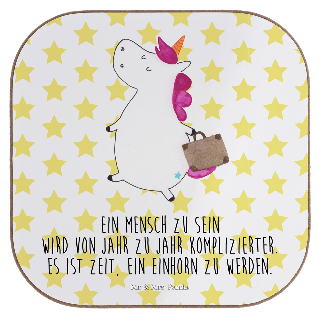 Quadratische Untersetzer Einhorn Koffer Bierdeckel, Glasuntersetzer, Untersetzer Gläser, Getränkeuntersetzer, Einhorn, Einhörner, Einhorn Deko, Pegasus, Unicorn, unicorn, Koffer, Verreisen, Reise, Gepäck, Abenteuer, Erwachsen, Kind, albern, Spaß, lustig, witzig
