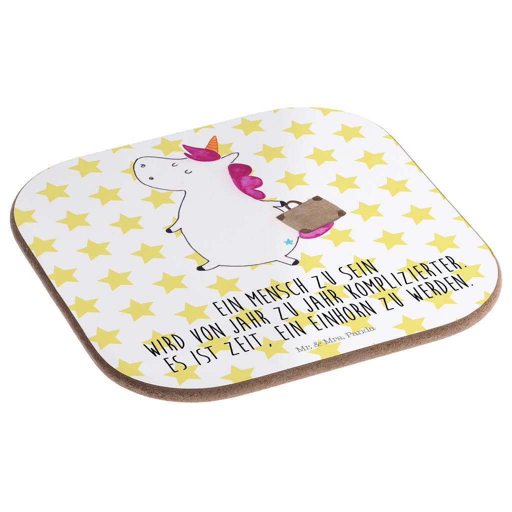 Quadratische Untersetzer Einhorn Koffer Bierdeckel, Glasuntersetzer, Untersetzer Gläser, Getränkeuntersetzer, Einhorn, Einhörner, Einhorn Deko, Pegasus, Unicorn, unicorn, Koffer, Verreisen, Reise, Gepäck, Abenteuer, Erwachsen, Kind, albern, Spaß, lustig, witzig
