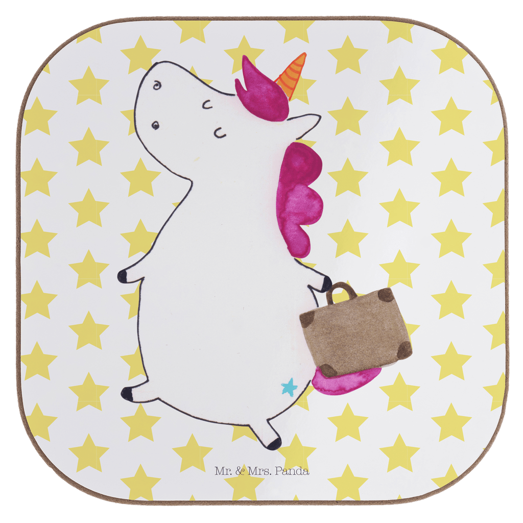 Quadratische Untersetzer Einhorn Koffer Bierdeckel, Glasuntersetzer, Untersetzer Gläser, Getränkeuntersetzer, Einhorn, Einhörner, Einhorn Deko, Pegasus, Unicorn, unicorn, Koffer, Verreisen, Reise, Gepäck, Abenteuer, Erwachsen, Kind, albern, Spaß, lustig, witzig