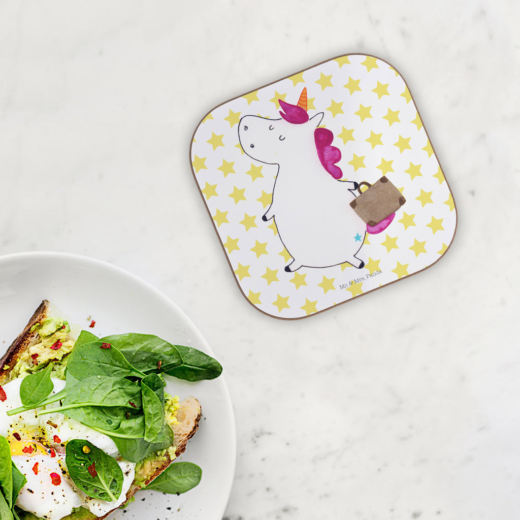 Quadratische Untersetzer Einhorn Koffer Bierdeckel, Glasuntersetzer, Untersetzer Gläser, Getränkeuntersetzer, Einhorn, Einhörner, Einhorn Deko, Pegasus, Unicorn, unicorn, Koffer, Verreisen, Reise, Gepäck, Abenteuer, Erwachsen, Kind, albern, Spaß, lustig, witzig