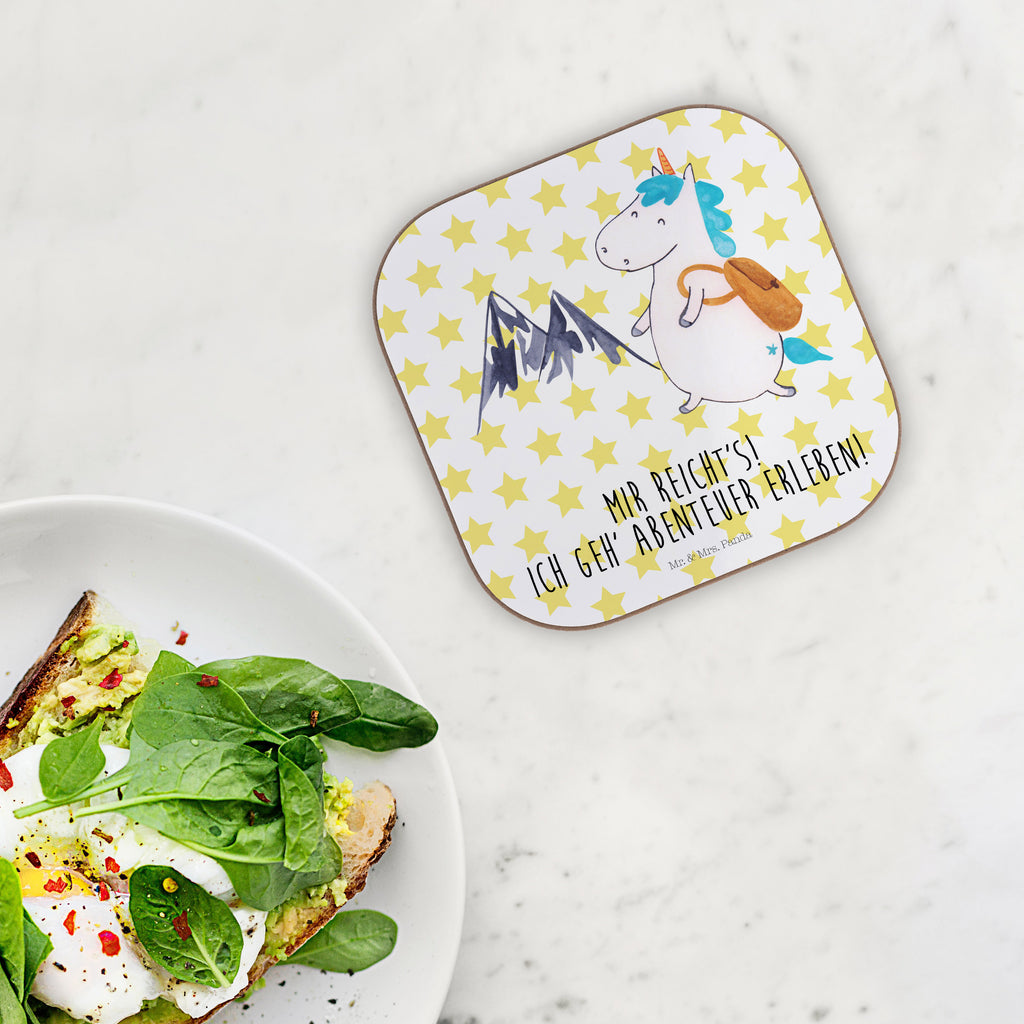 Quadratische Untersetzer Einhorn Bergsteiger Bierdeckel, Glasuntersetzer, Untersetzer Gläser, Getränkeuntersetzer, Einhorn, Einhörner, Einhorn Deko, Pegasus, Unicorn, Bergsteiger, Abenteuer, Berge, Abenteurer, Weltenbummler, Weltreise, Reisen, Urlaub, Entdecker