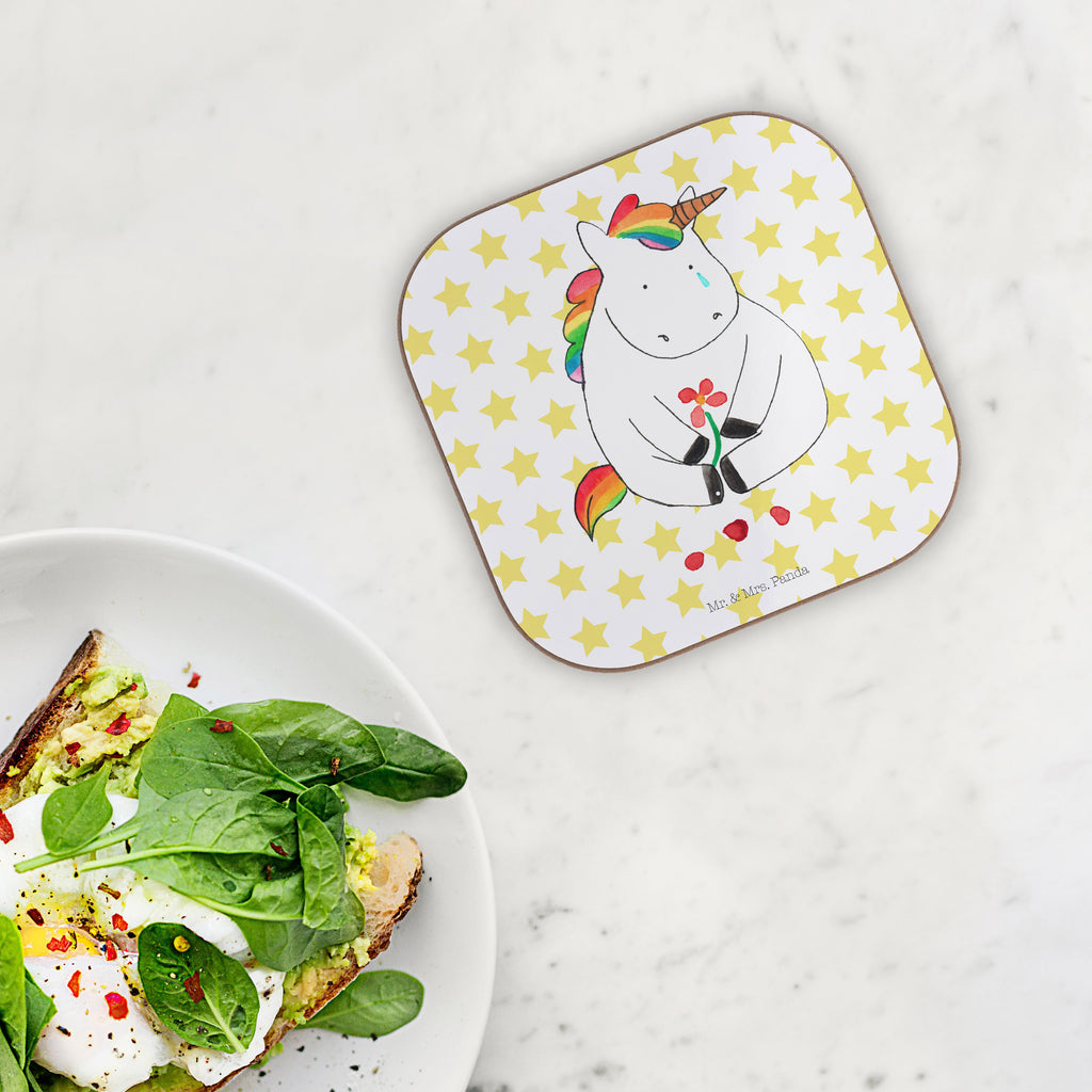 Quadratische Untersetzer Einhorn Traurig Bierdeckel, Glasuntersetzer, Untersetzer Gläser, Getränkeuntersetzer, Einhorn, Einhörner, Einhorn Deko, Pegasus, Unicorn, Glitzer, Trösten. Freundschaft, Freunde, Liebe, Trauer, Grußkarte, Blume
