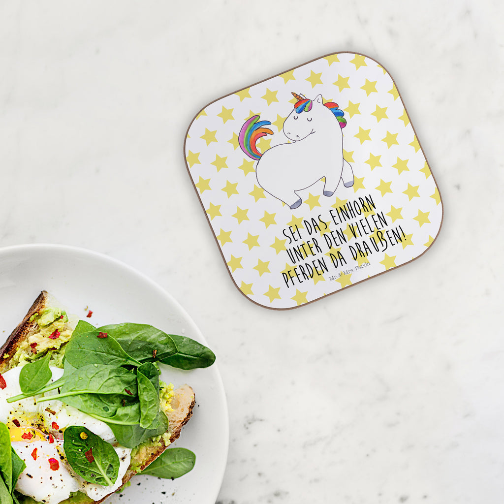 Quadratische Untersetzer Einhorn stolzierend Bierdeckel, Glasuntersetzer, Untersetzer Gläser, Getränkeuntersetzer, Einhorn, Einhörner, Einhorn Deko, Pegasus, Unicorn, stolz, anders, bunt, Pferd, Reiter, Reiten, Freundin, Geschenk