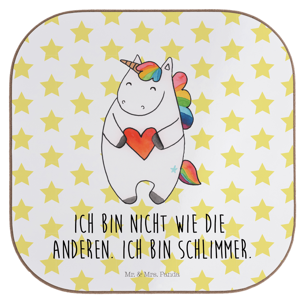 Quadratische Untersetzer Einhorn Herz Bierdeckel, Glasuntersetzer, Untersetzer Gläser, Getränkeuntersetzer, Einhorn, Einhörner, Einhorn Deko, Pegasus, Unicorn, Herz, schlimm, böse, witzig, lustig, Freundin, anders, bunt