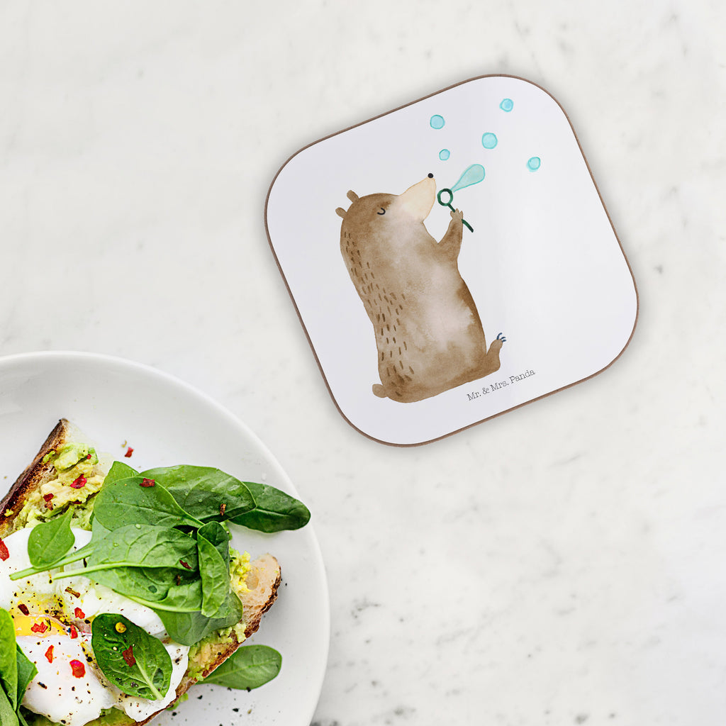 Quadratische Untersetzer Bär Seifenblasen Bierdeckel, Glasuntersetzer, Untersetzer Gläser, Getränkeuntersetzer, Bär, Teddy, Teddybär, Seifenblasen Bär Lustig Sein Glücklich Traurig Happy