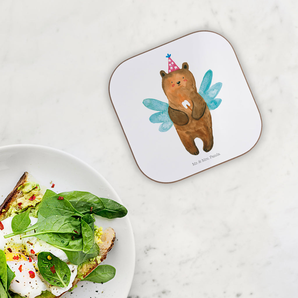 Quadratische Untersetzer Zahnfee Bär Bierdeckel, Glasuntersetzer, Untersetzer Gläser, Getränkeuntersetzer, Bär, Teddy, Teddybär, Zahnfee, Fee, Milchzahn, Erster Zahn