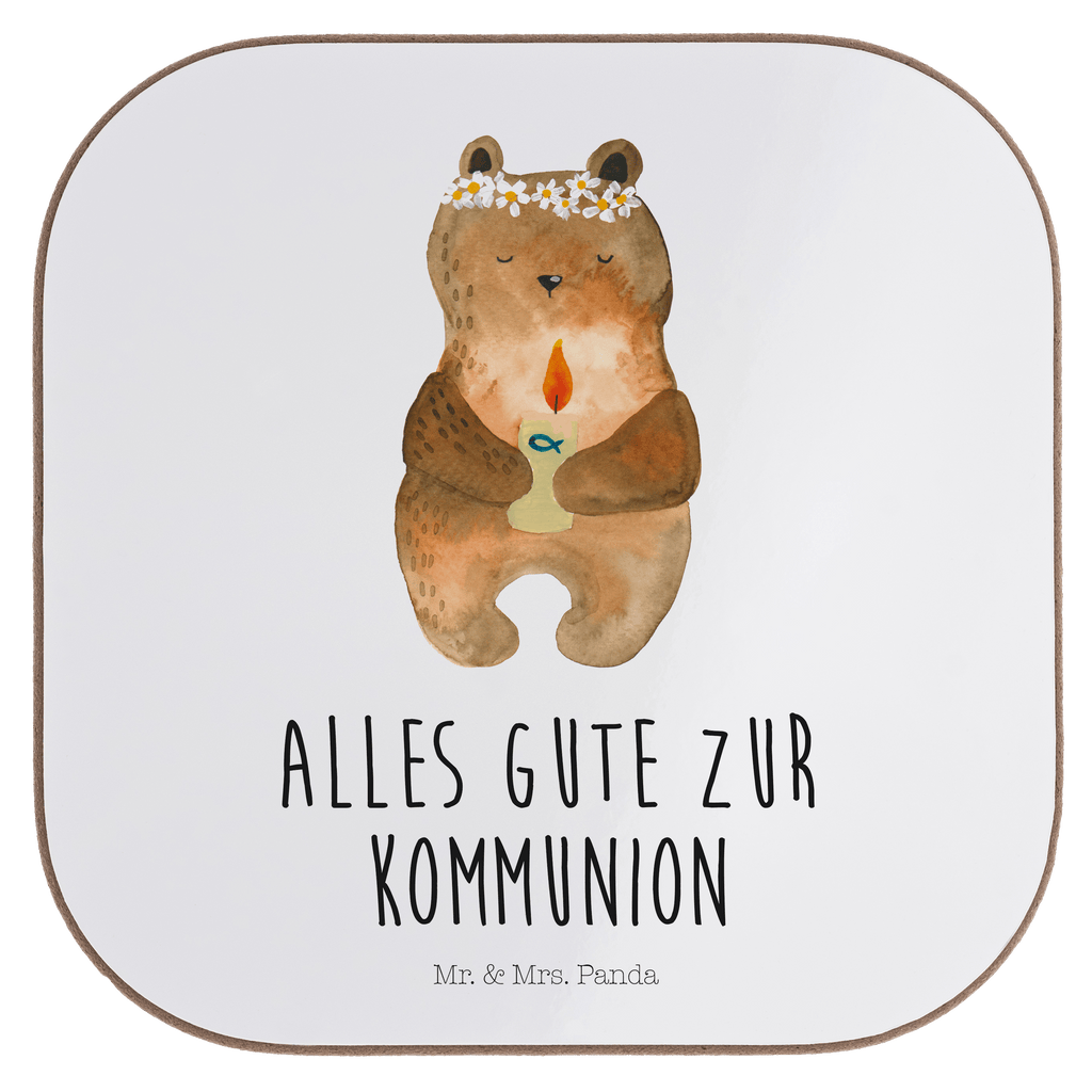Quadratische Untersetzer Kommunion-Bär Bierdeckel, Glasuntersetzer, Untersetzer Gläser, Getränkeuntersetzer, Bär, Teddy, Teddybär, Kommunion, Gottes Segen, Taufkerze, katholisch