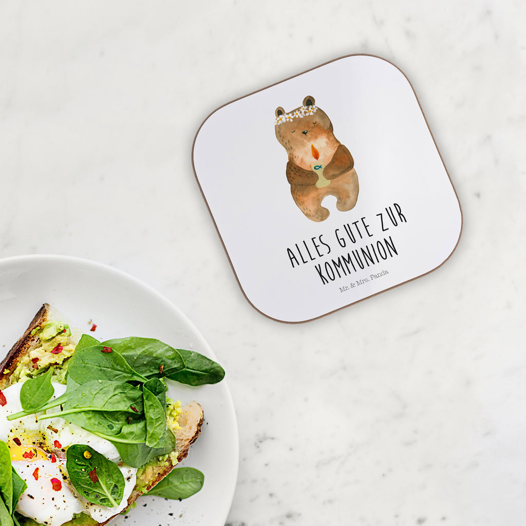 Quadratische Untersetzer Kommunion-Bär Bierdeckel, Glasuntersetzer, Untersetzer Gläser, Getränkeuntersetzer, Bär, Teddy, Teddybär, Kommunion, Gottes Segen, Taufkerze, katholisch