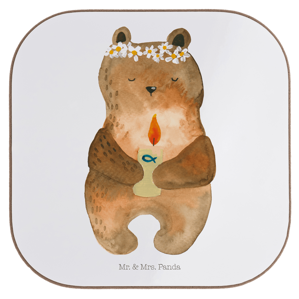 Quadratische Untersetzer Kommunion-Bär Bierdeckel, Glasuntersetzer, Untersetzer Gläser, Getränkeuntersetzer, Bär, Teddy, Teddybär, Kommunion, Gottes Segen, Taufkerze, katholisch
