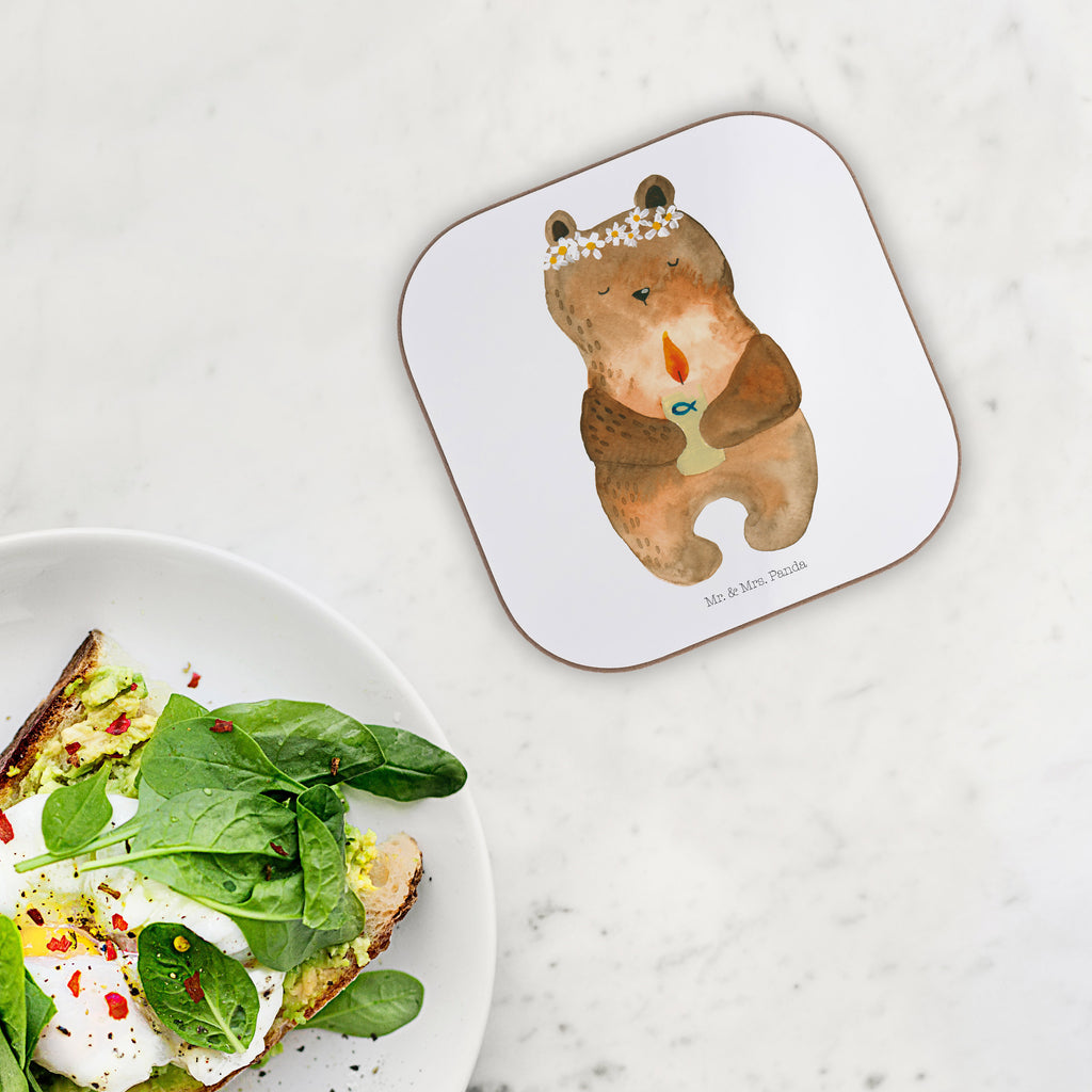 Quadratische Untersetzer Kommunion-Bär Bierdeckel, Glasuntersetzer, Untersetzer Gläser, Getränkeuntersetzer, Bär, Teddy, Teddybär, Kommunion, Gottes Segen, Taufkerze, katholisch