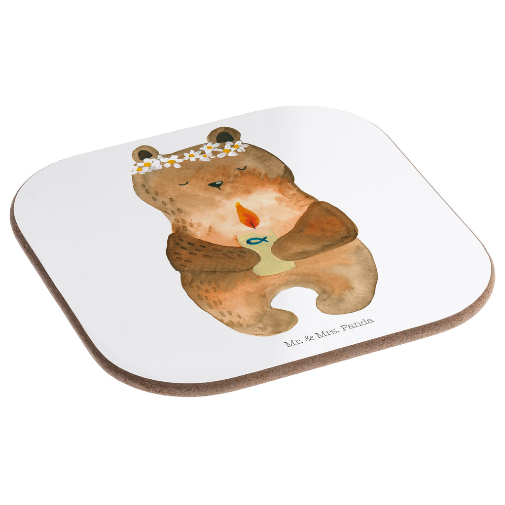 Quadratische Untersetzer Kommunion-Bär Bierdeckel, Glasuntersetzer, Untersetzer Gläser, Getränkeuntersetzer, Bär, Teddy, Teddybär, Kommunion, Gottes Segen, Taufkerze, katholisch