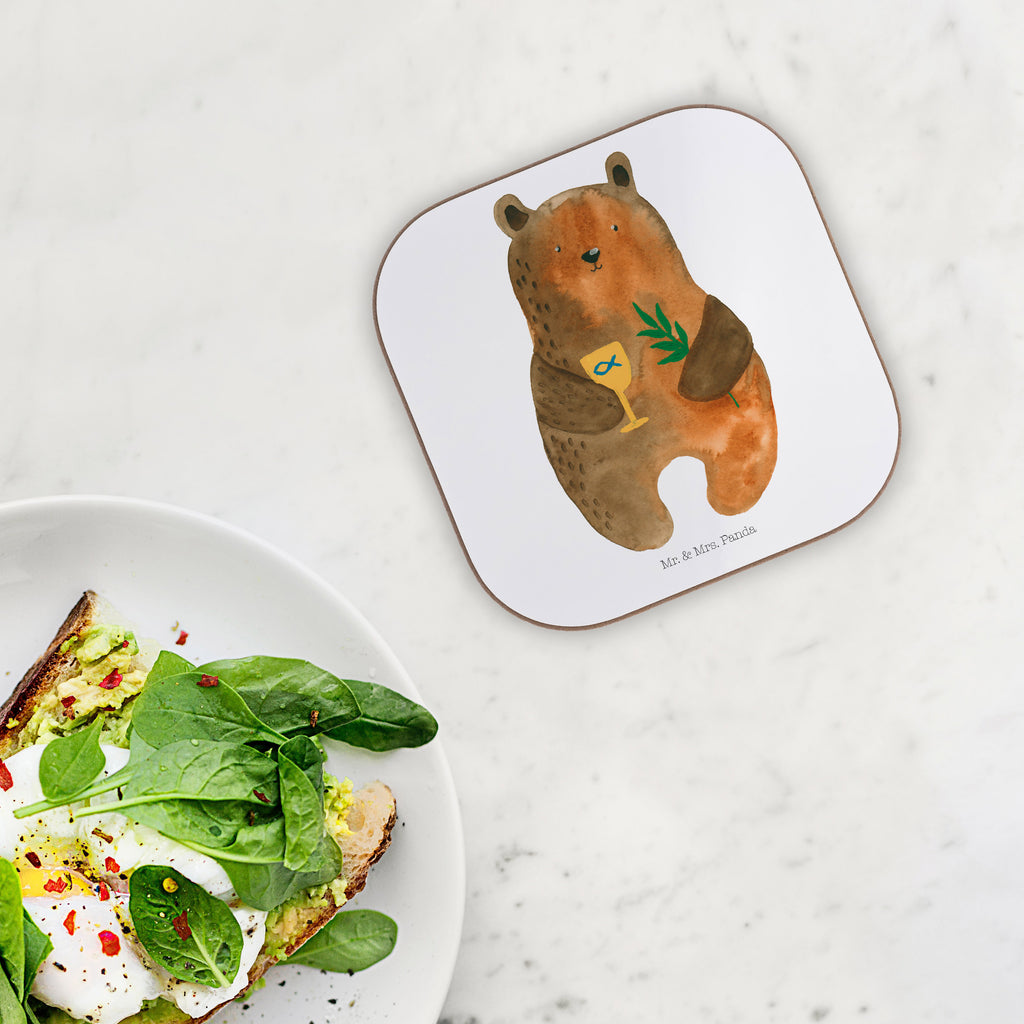 Quadratische Untersetzer Konfirmation-Bär Bierdeckel, Glasuntersetzer, Untersetzer Gläser, Getränkeuntersetzer, Bär, Teddy, Teddybär, Konfirmation, Kirche, evangelisch, Gottesdienst