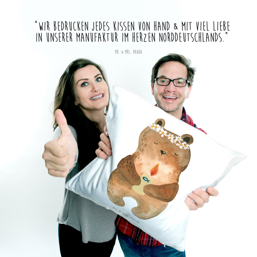40x40 Kissen Kommunion-Bär Kissenhülle, Kopfkissen, Sofakissen, Dekokissen, Motivkissen, Bär, Teddy, Teddybär, Kommunion, Gottes Segen, Taufkerze, katholisch