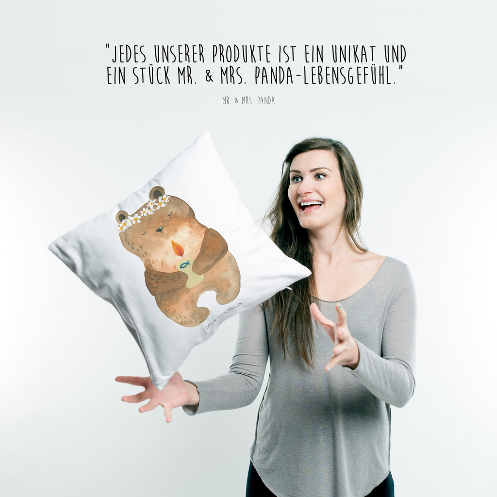 40x40 Kissen Kommunion-Bär Kissenhülle, Kopfkissen, Sofakissen, Dekokissen, Motivkissen, Bär, Teddy, Teddybär, Kommunion, Gottes Segen, Taufkerze, katholisch