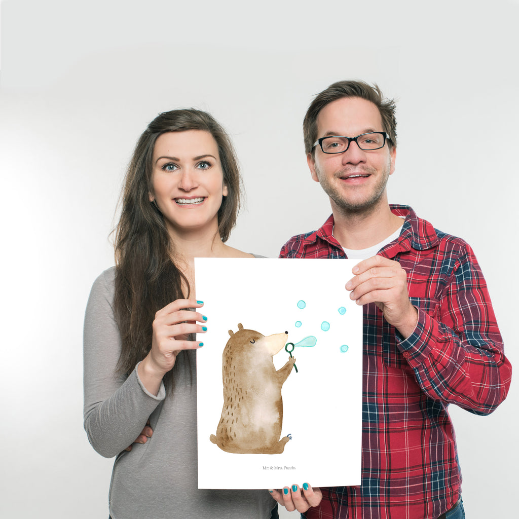 Poster Bär Seifenblasen Poster, Wandposter, Bild, Wanddeko, Küchenposter, Kinderposter, Wanddeko Bild, Raumdekoration, Wanddekoration, Handgemaltes Poster, Mr. & Mrs. Panda Poster, Designposter, Kunstdruck, Posterdruck, Bär, Teddy, Teddybär, Seifenblasen Bär Lustig Sein Glücklich Traurig Happy