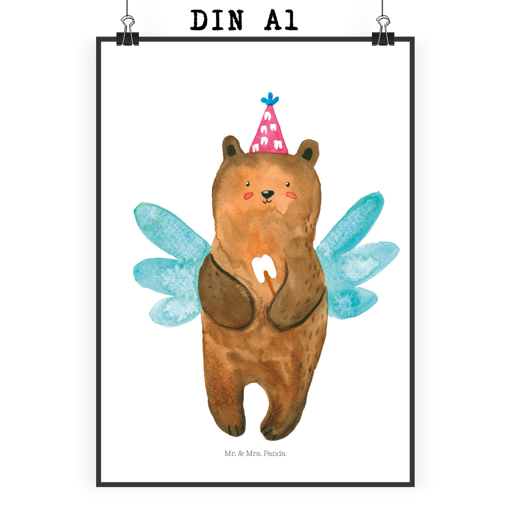 Poster Zahnfee Bär Poster, Wandposter, Bild, Wanddeko, Küchenposter, Kinderposter, Wanddeko Bild, Raumdekoration, Wanddekoration, Handgemaltes Poster, Mr. & Mrs. Panda Poster, Designposter, Kunstdruck, Posterdruck, Bär, Teddy, Teddybär, Zahnfee, Fee, Milchzahn, Erster Zahn