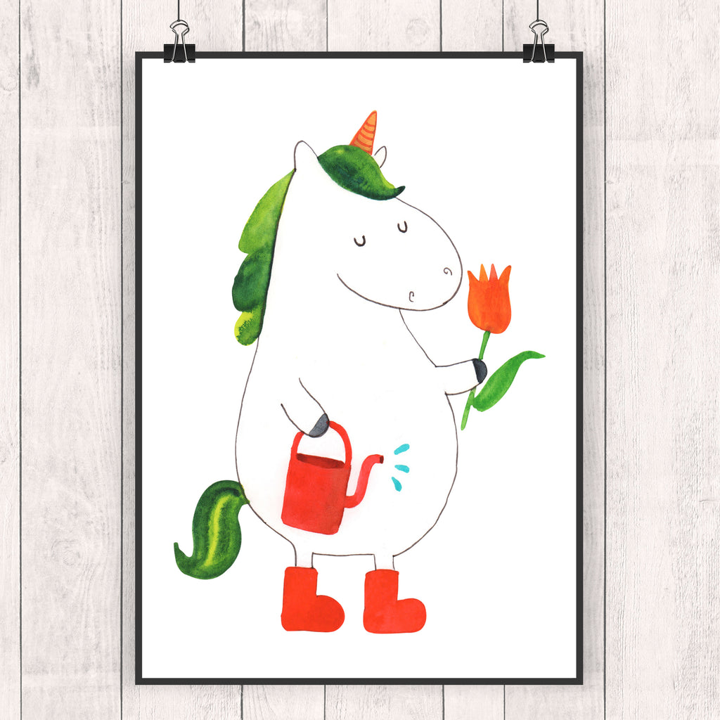 Poster Einhorn Gärtner Poster, Wandposter, Bild, Wanddeko, Küchenposter, Kinderposter, Wanddeko Bild, Raumdekoration, Wanddekoration, Handgemaltes Poster, Mr. & Mrs. Panda Poster, Designposter, Kunstdruck, Posterdruck, Einhorn, Einhörner, Einhorn Deko, Pegasus, Unicorn, Luftballon, Gießkanne, Giesskanne, Lebenslust, Freude, Blume, Freundin, Garten, Stiefel