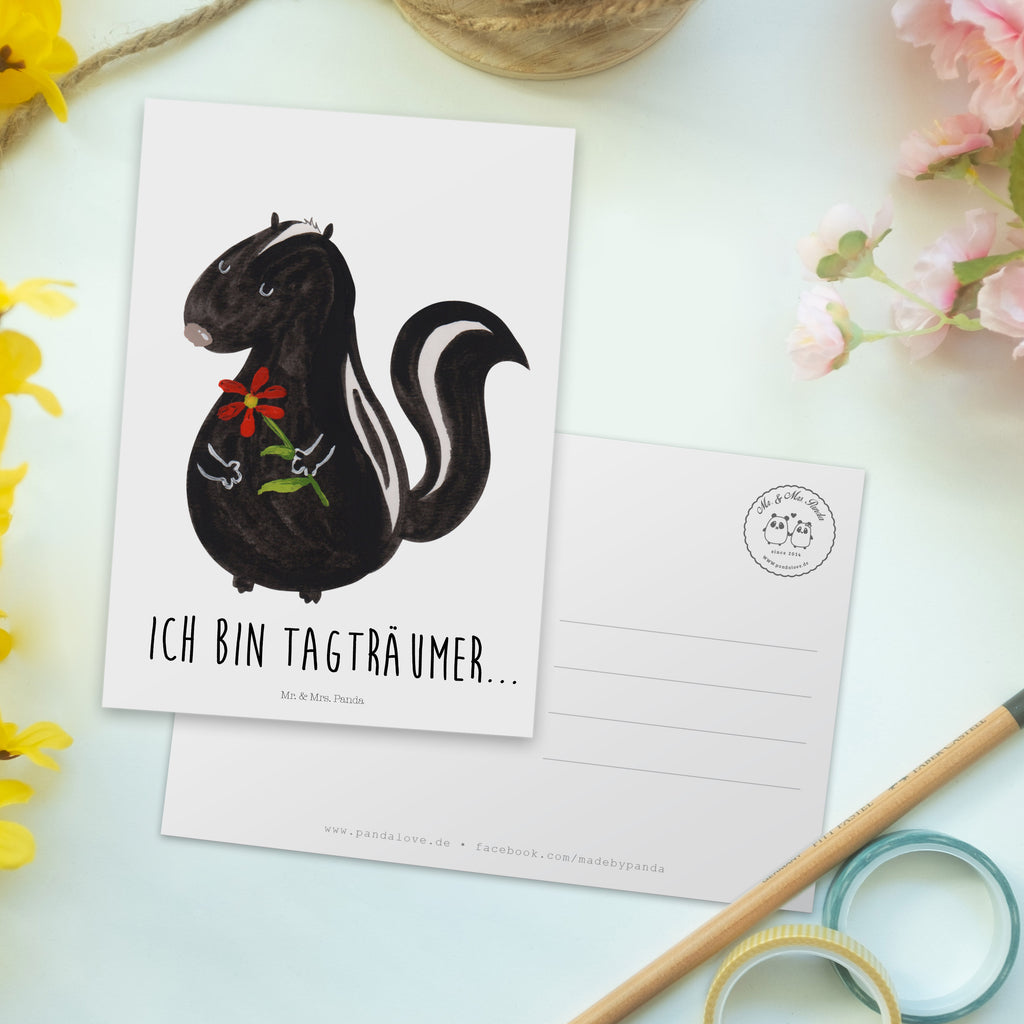 Postkarte Stinktier Blume Geschenkkarte, Grußkarte, Karte, Einladung, Ansichtskarte, Geburtstagskarte, Einladungskarte, Dankeskarte, Stinktier, Skunk, Wildtier, Raubtier, Stinker, Stinki, Tagträumer, verträumt, Dreams, Träume