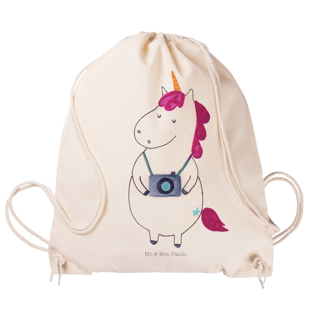 Sportbeutel Einhorn Fotograf Turnbeutel, Beutel, Sporttasche, Tasche, Stoffbeutel, Einhorn, Einhörner, Einhorn Deko, Pegasus, Unicorn, Fotograf, Fotografie, Kamera, Reisen, Weltreise, Weltenbummler, Urlaub, Tourist, Kurztrip, Reise, Städtereise