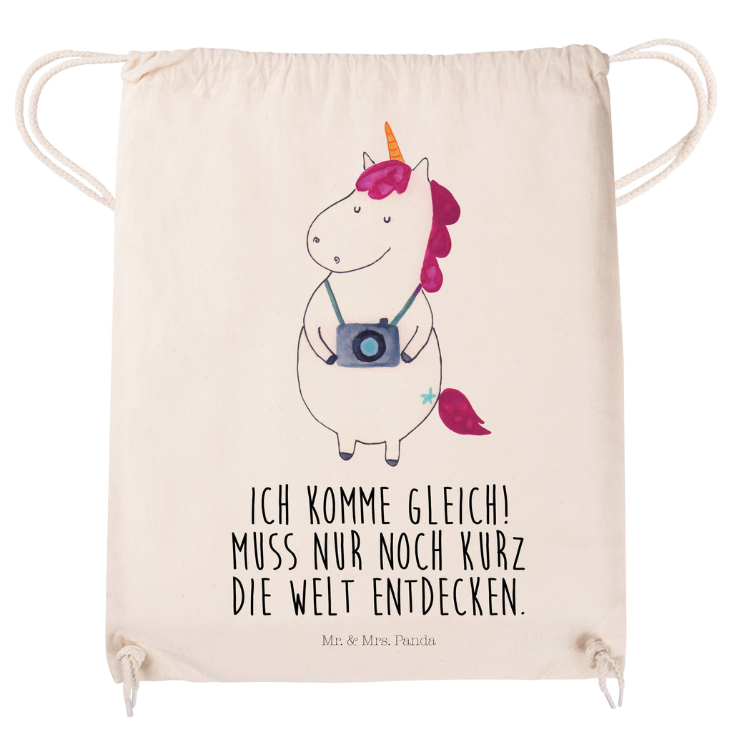 Sportbeutel Einhorn Fotograf Turnbeutel, Beutel, Sporttasche, Tasche, Stoffbeutel, Einhorn, Einhörner, Einhorn Deko, Pegasus, Unicorn, Fotograf, Fotografie, Kamera, Reisen, Weltreise, Weltenbummler, Urlaub, Tourist, Kurztrip, Reise, Städtereise