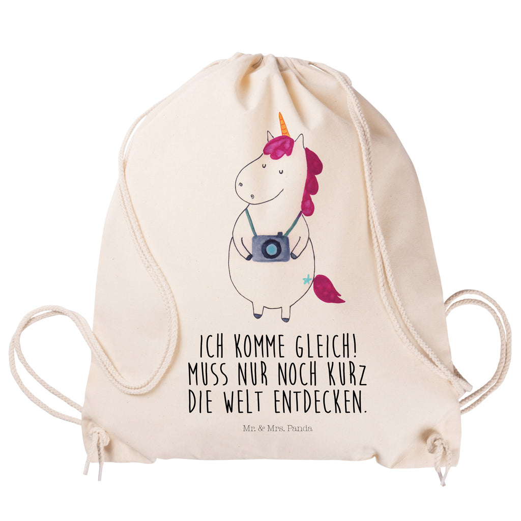 Sportbeutel Einhorn Fotograf Turnbeutel, Beutel, Sporttasche, Tasche, Stoffbeutel, Einhorn, Einhörner, Einhorn Deko, Pegasus, Unicorn, Fotograf, Fotografie, Kamera, Reisen, Weltreise, Weltenbummler, Urlaub, Tourist, Kurztrip, Reise, Städtereise