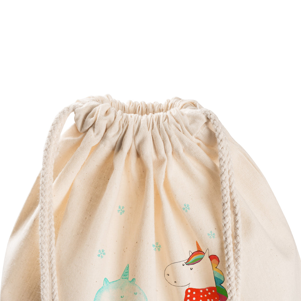 Sportbeutel Einhorn Schneemann Turnbeutel, Beutel, Sporttasche, Tasche, Stoffbeutel, Einhorn, Einhörner, Einhorn Deko, Pegasus, Unicorn, Schneemann, Winter, Schnee, Kuchen, Weihnachten, kalt, Mütze, Handschuhe, X-Mas