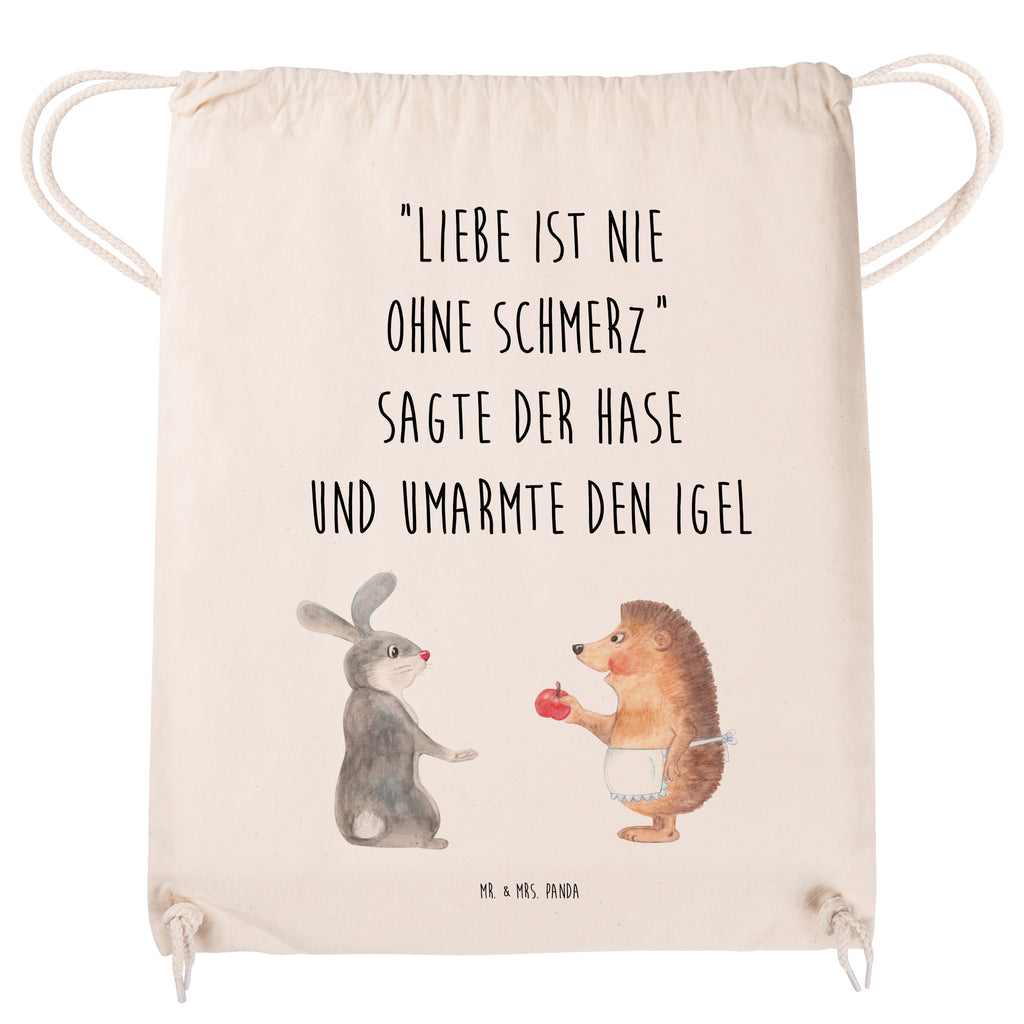 Sportbeutel Liebe ist nie ohne Schmerz Turnbeutel, Beutel, Sporttasche, Tasche, Stoffbeutel, Tiermotive, Gute Laune, lustige Sprüche, Tiere, Igel und Hase, Igel, Hase, Liebe Spruch, Liebeskummer Geschenk, Herzschmerz, Trösten, Trennungsschmerz, Spruch romantisch
