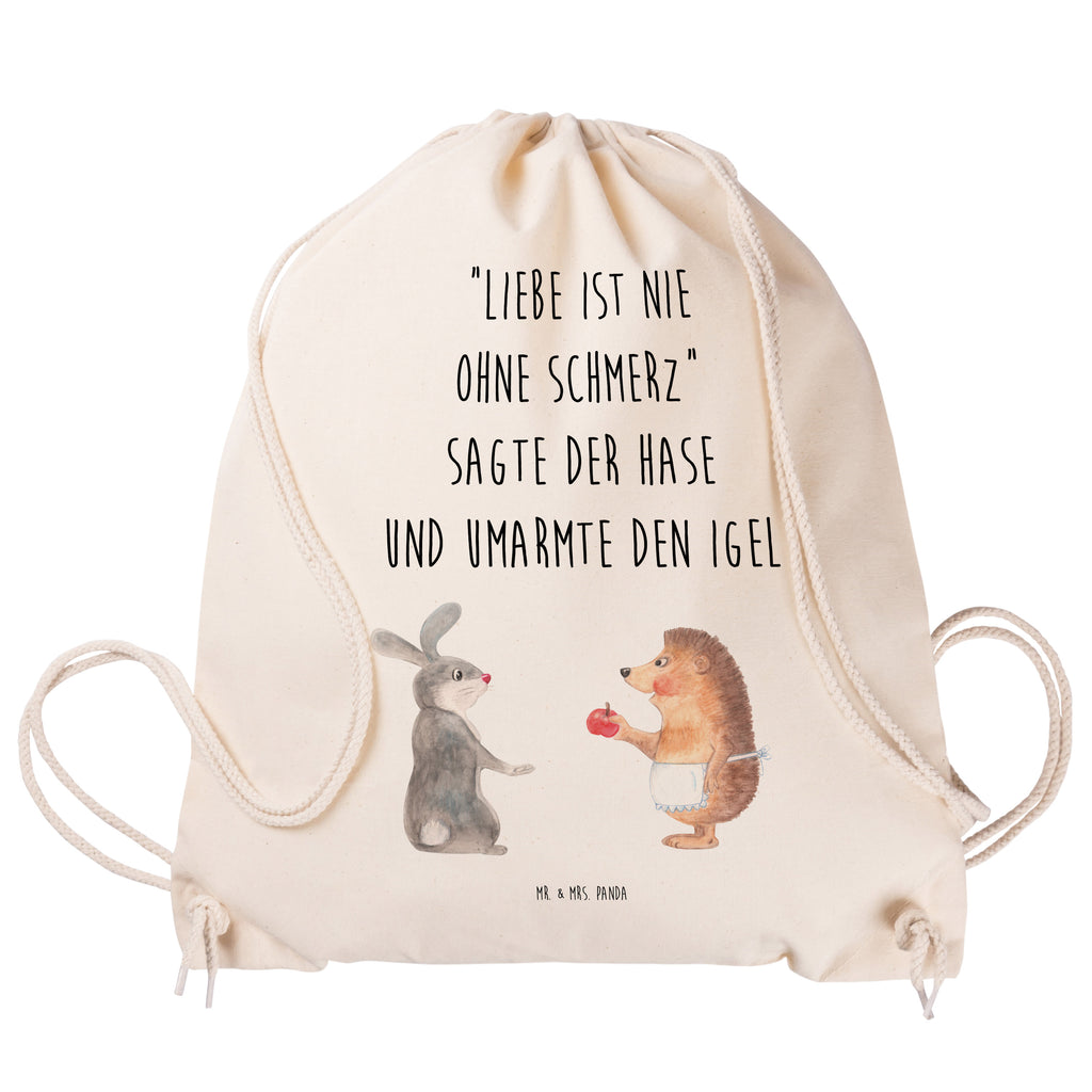 Sportbeutel Liebe ist nie ohne Schmerz Turnbeutel, Beutel, Sporttasche, Tasche, Stoffbeutel, Tiermotive, Gute Laune, lustige Sprüche, Tiere, Igel und Hase, Igel, Hase, Liebe Spruch, Liebeskummer Geschenk, Herzschmerz, Trösten, Trennungsschmerz, Spruch romantisch